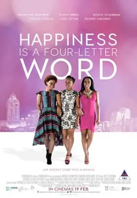 Happiness is a Four Letter Word Movie Poster with three Black women in dresses walking away from an illustrated cityscape