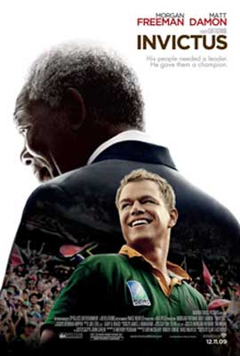 Invictus Movie Poster with Black man in suit with back turned and white blonde man in green and yellow collared shirt facing forward
