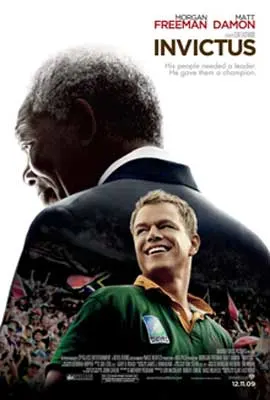 Invictus Movie Poster with Black man in suit with back turned and white blonde man in green and yellow collared shirt facing forward