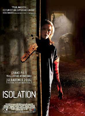 Isolation Irish Movie Poster with person looking carefully out doorway with cow in background and blood on arm