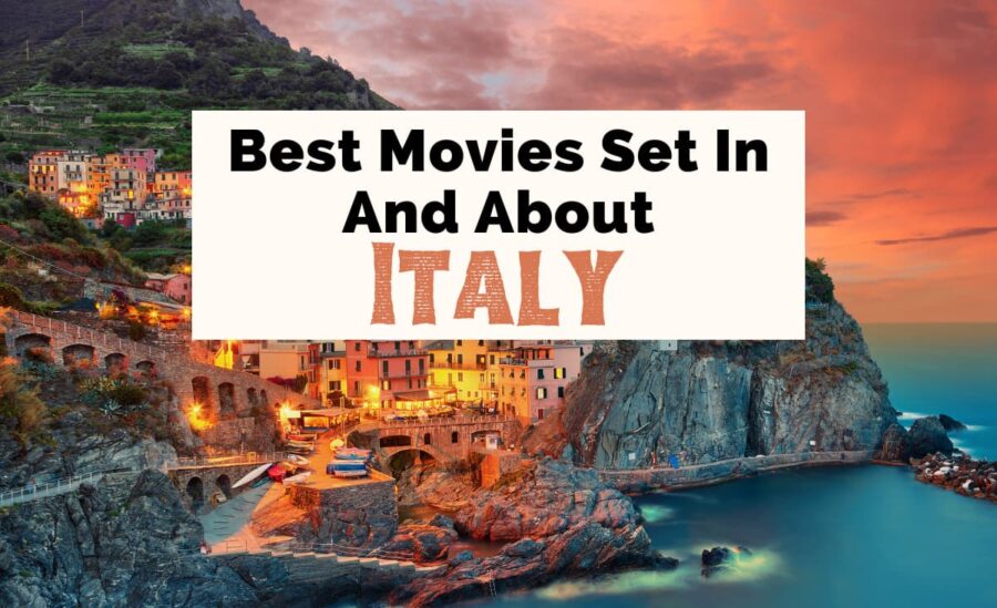 Italian Movies and Movies About Italy with photo of cliffs at sunset in Cinque Terre, Italy with buildings