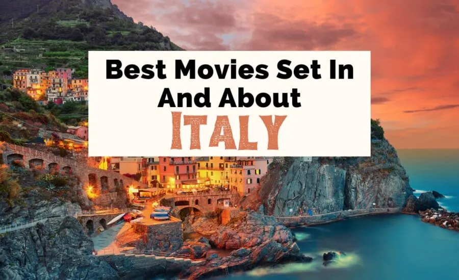 Italian Movies and Movies About Italy with photo of cliffs at sunset in Cinque Terre, Italy with buildings