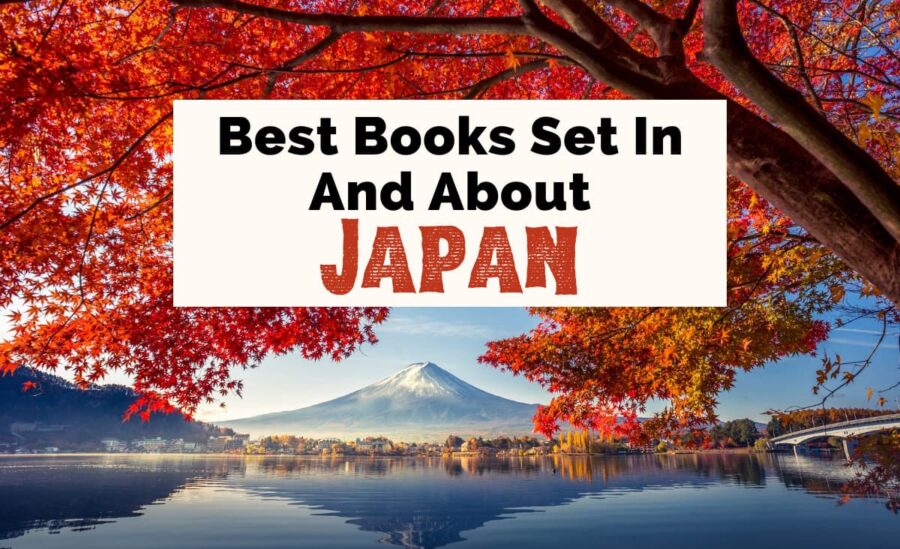 Japanese Books and Books About Japan with photo of Mount Fuji from a distance in fall with tree with red leaves over lake