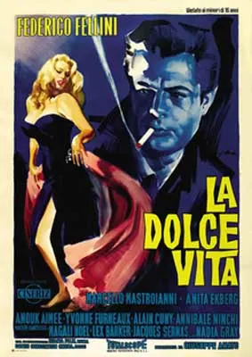 La Dolce Vita Italian Movie Poster with blonde woman in black dress and man smoking