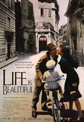 Life is Beautiful Movie Poster with man and woman kissing over bicycle on street