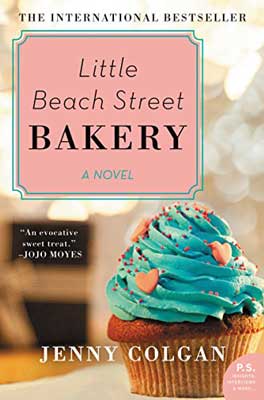 Little Beach Street Bakery By Jenny Colgan book cover with turquoise frosted yellow sponge cupcake with pink hearts