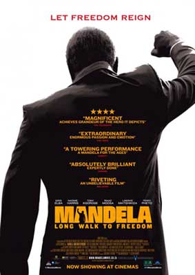 Mandela Long Walk to Freedom Movie Poster with back of Black man with fist raised wearing a suit