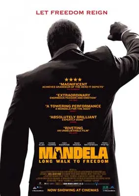 Mandela Long Walk to Freedom Movie Poster with back of Black man with fist raised wearing a suit