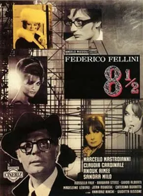 Otto e mezzo Movie Poster with 8 1/2 written for title and black and white photos with yellow shading over scenes from Italian film