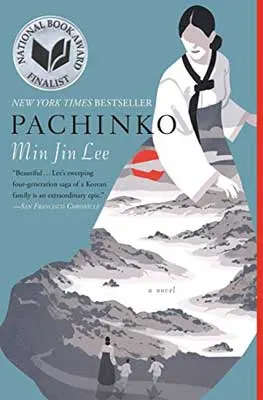 Pachinko by Min Jin Lee book cover with person with long dress where you can see mountains and landscape in the bottom