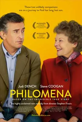 Philomena Film Poster with white man in green jacket over collared shirt looking at older white woman in red coat