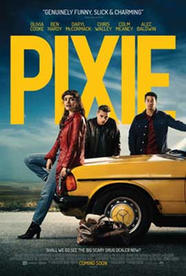 Pixie Film Poster with person in red jacket and jeans sitting on yellow car with two guys behind them