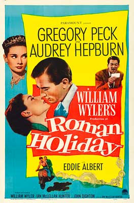Roman Holiday movie poster with white man and woman kissing