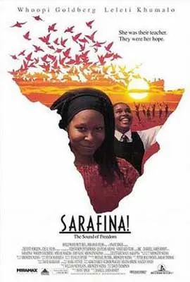 Sarafina Movie Poster with image of two Black people in outline of African continent