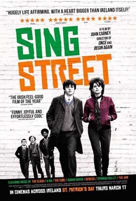 Sing Street Movie Poster with 5 people, four shown in black and white with 5th in red jacket