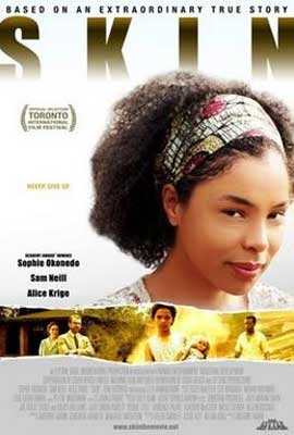 Skin Film Poster with photo of young woman with headband and scenes from movie underneath