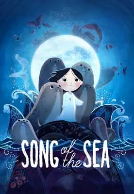 Song of the Sea Movie Poster with illustrated person with rosy cheeks standing on a rock next to friendly seal with moon in the background