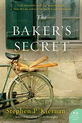 The Bakers Secret by Stephen P. Kiernan book cover with back have a bicycle against a stucco wall