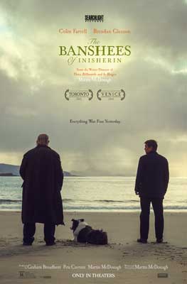 The Banshees of Inisherin Movie Poster with two men standing on shore with dog between them and backs to viewer