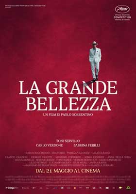 The Great Beauty Italian Movie Poster with person standing on n in title on red background