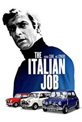 The Italian Job Film Poster with man in blue shirt and red, white, and blue cars underneath
