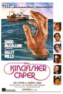 The Kingfisher Caper Movie Poster with giant hand coming out of blue water ocean and ship in the back