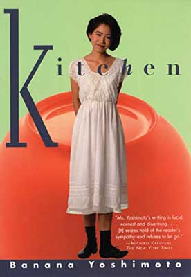 The Kitchen by Banana Yoshimoto book cover with image of person in white dress with upside down orange bowl behind them