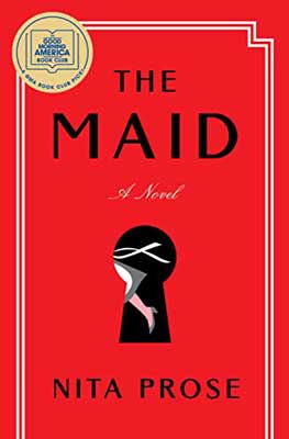 The Maid by Nita Prose book cover with maid's bottom seen through black keyhole on red background