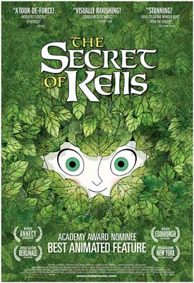 The Secret of Kells Animated Film Poster with illustrated face with green eyes looking through heart-shaped hole in green bush