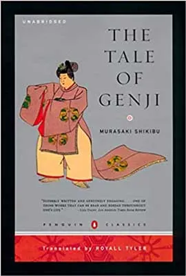 The Tale Of Genji by Murasaki Shikibu book cover with illustrated person in purple top and yellow-beige pants