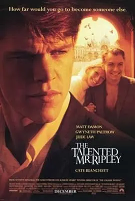 The Talented Mr. Ripley Movie Poster with young man in suit and then young man and woman in the back with her head resting on his shoulder