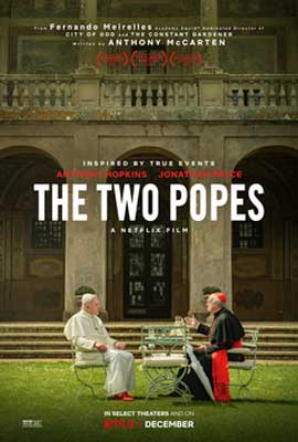 The Two Popes Movie Poster with two popes, one wearing red and the other white, sitting across from each other