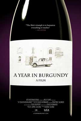 A Year in Burgundy Documentary Movie Poster with bottle of wine with title of wine documentary on the wine label
