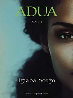 Adua by Igiaba Scego book cover with half of person's face with dark brown eyes and black, curly hair
