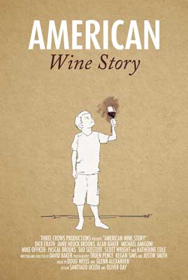 American Wine Story Film Poster with illustrated person holding up glass of red wine and looking at it