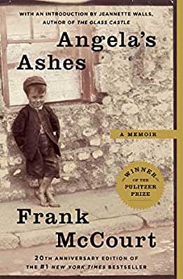 Angela’s Ashes by Frank McCourt book cover with picture of young boy leaning against a brick wall in sepia tone
