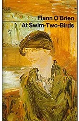 At Swim-Two-Birds by Flann O'Brien book cover with painted person wearing greenish brown cap and jacket