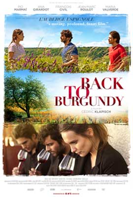 Back to Burgundy Movie Poster with top picture of three people in field and bottom picture of three people smelling wine in glasses