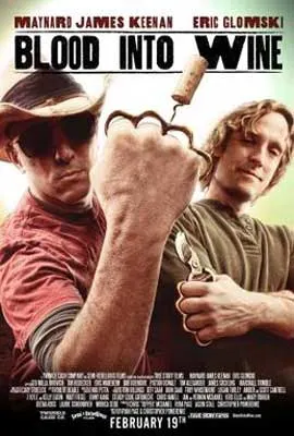 Blood Into Wine Documentary Poster with two white men one in green tee and the other in a red tee holding a knuckle shaped cork screw opener with cork on end