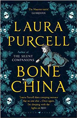 Bone China by Laura Purcell book cover with green and white illusttrations with leaves and pale young person on knees reaching forward