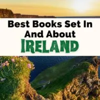 Books About Ireland and Irish Books with photo of the Cliffs of Moher in Ireland on a sunny day with cliffs, green grass, purple flowers, and yellow sky