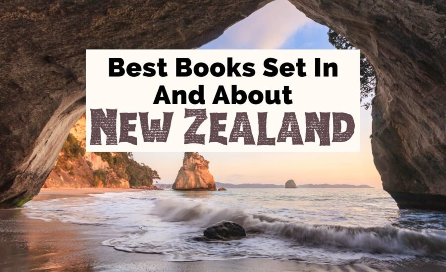 Books About New Zealand and New Zealand Books with photo of Cathedral Cove with rock formations and waves lapping up on shore