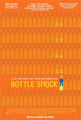 Bottle Shock Movie Poster with orange illustrated bottles and one blue and yellow wine bottle