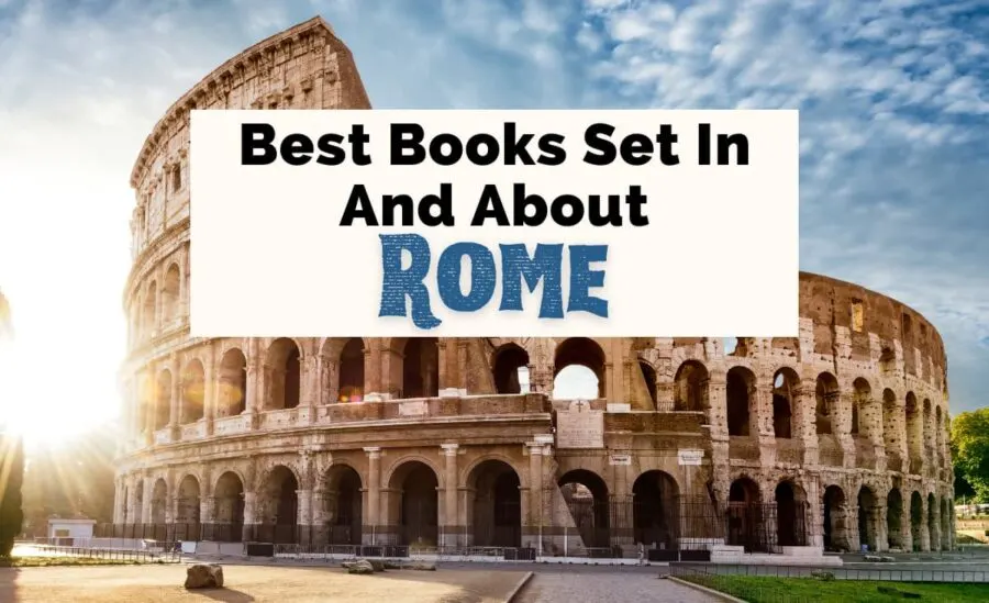 Contemporary Rome Books and Ancient Rome Books with picture of Colosseum in Rome, Italy with green grass, sun, and blue sky with white clouds
