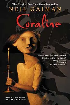 Coraline by Neil Gaiman book cover with person in white top with redish hair holding a candle