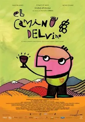 El Camino Del Vino Movie Poster with illustrated person holding up glass of wine with colorful mountains in the background