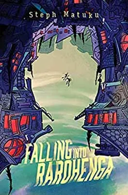 Falling into Rarohenga by Steph Matuku book cover with machine with large hole in the shape of a person's bust with sky