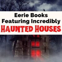 Haunted House Books with photo of spooky old house with red glow in windows and cloudy sky surrounded by barren trees