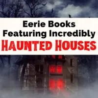 Haunted House Books with photo of spooky old house with red glow in windows and cloudy sky surrounded by barren trees