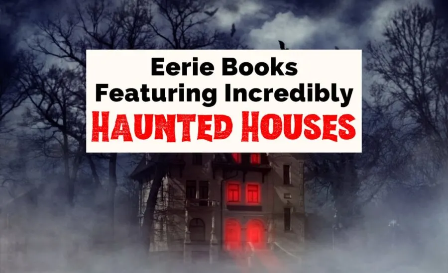 Haunted House Books with photo of spooky old house with red glow in windows and cloudy sky surrounded by barren trees